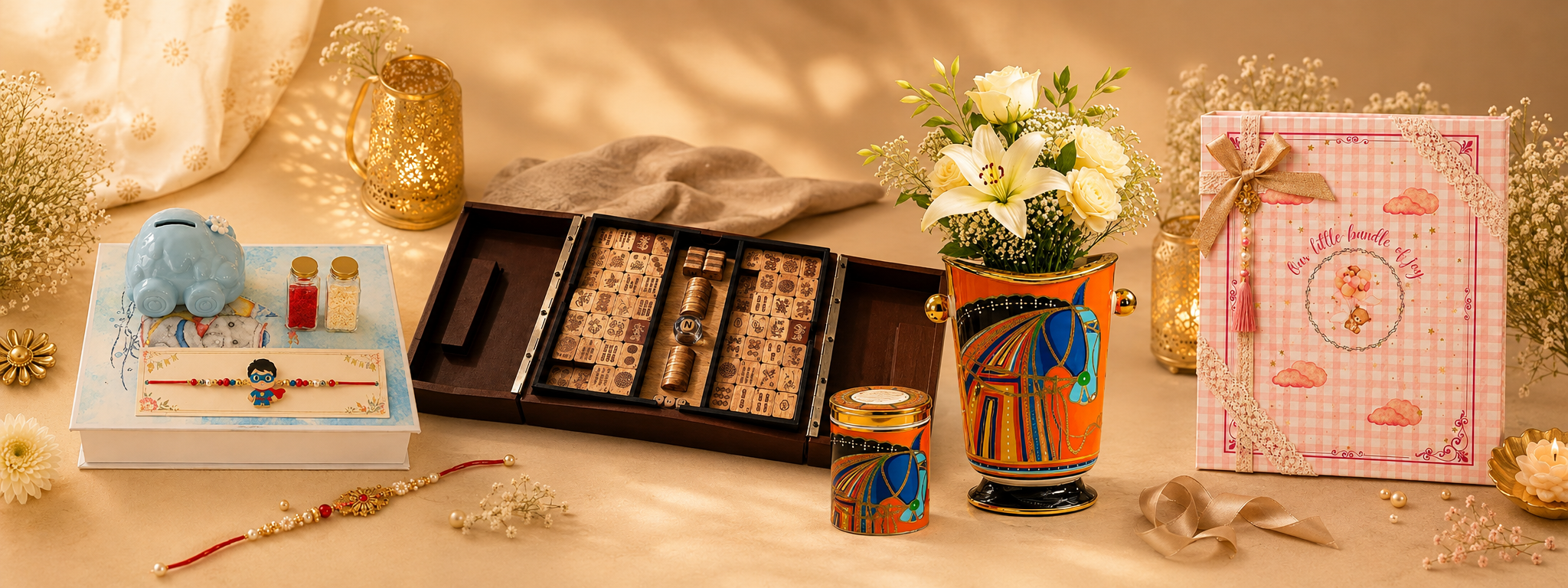 A beautifully arranged gift set on a warm beige surface with soft shadows. The set includes a pink gingham box with a bow, a blue elephant-themed box with a Rakhi, a black wooden box containing multiple small gift boxes, a colorful vase with white flowers, and a small matching decorative tin.