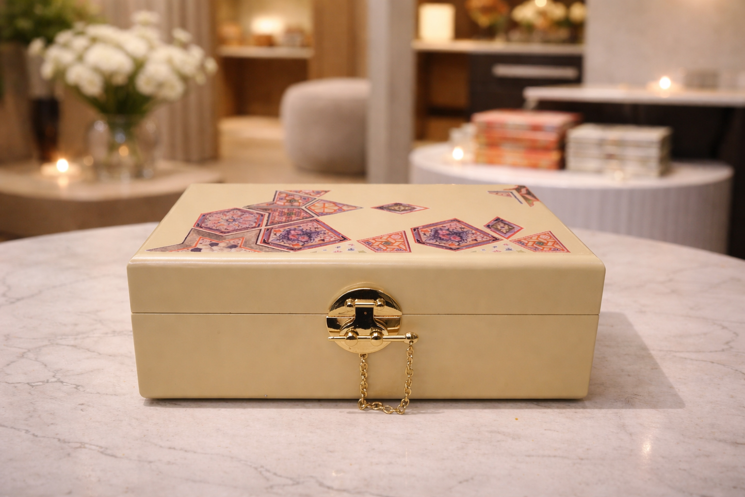 Izzhaar Elegant Geometric Wedding Invitation Box – Beige Edition