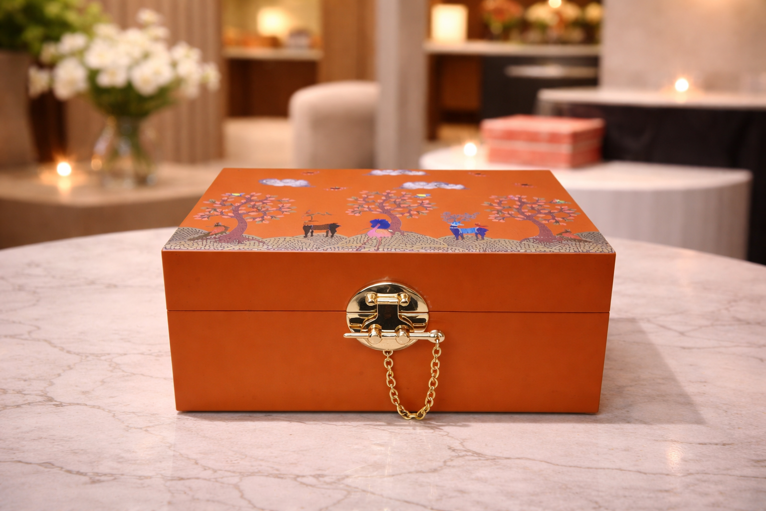 Izzhaar Traditional Folk-Themed Wedding Invitation Box – Orange Edition