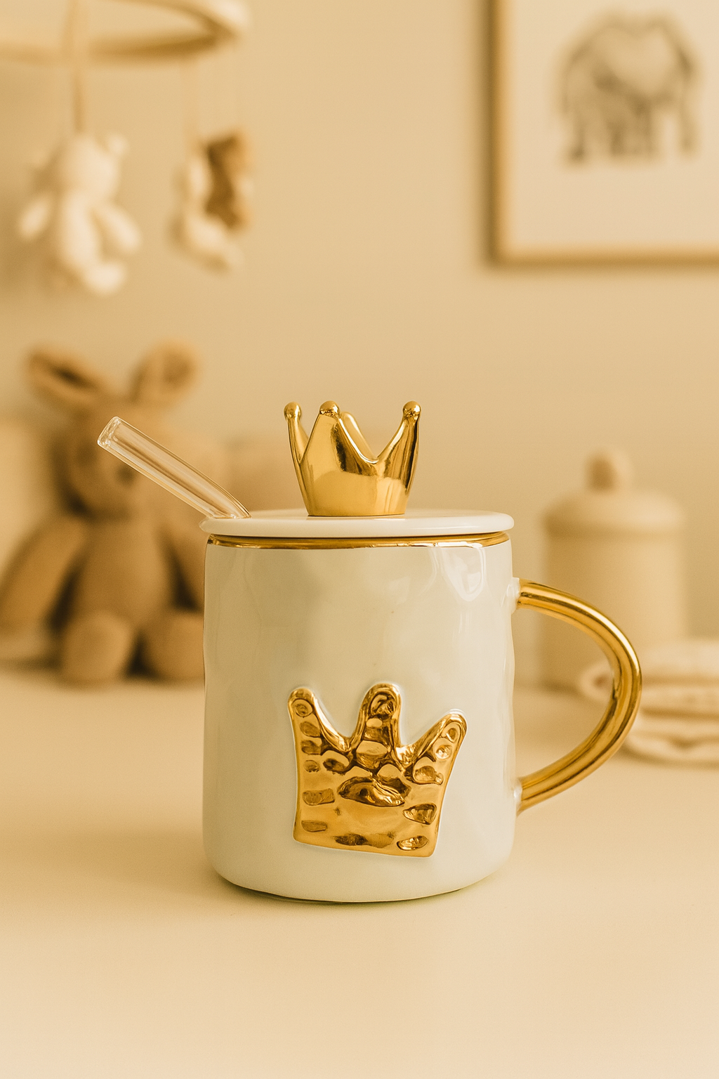 Izzhaar Royal Crown Luxe Mug with Lid & Straw – Gold Edition