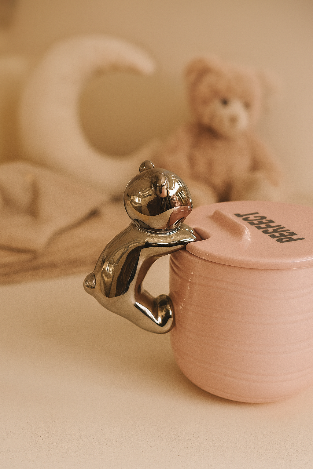 Izzhaar Cuddle Bear Blush Mug with Lid – “Perfect” Edition