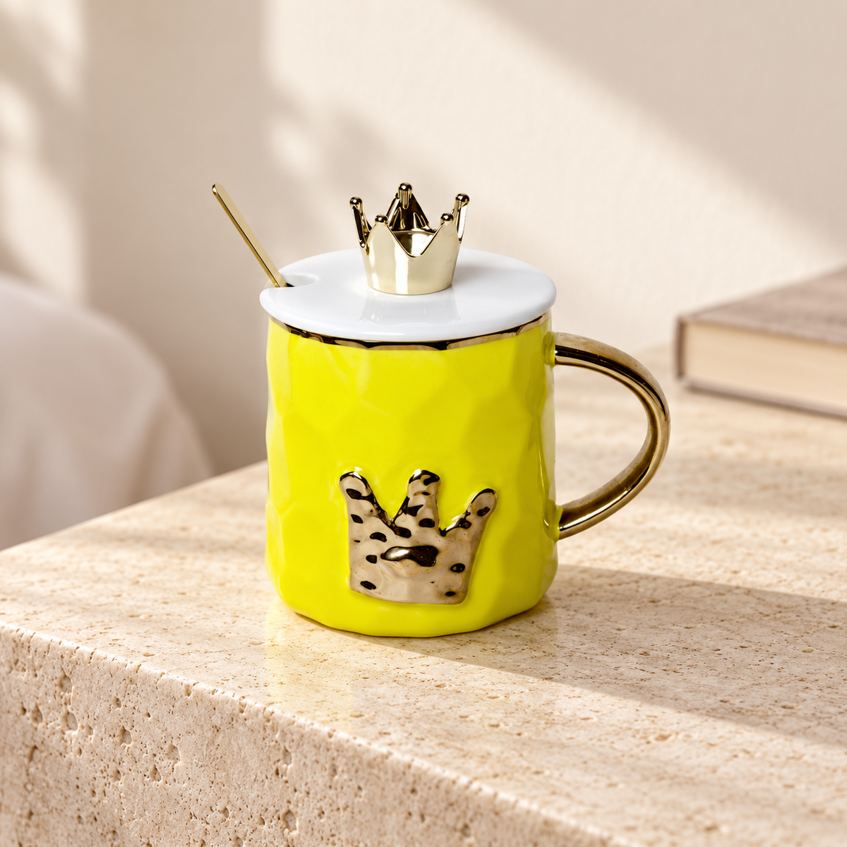 Izzhaar Royal Crown Yellow Ceramic Mug with Lid & Spoon