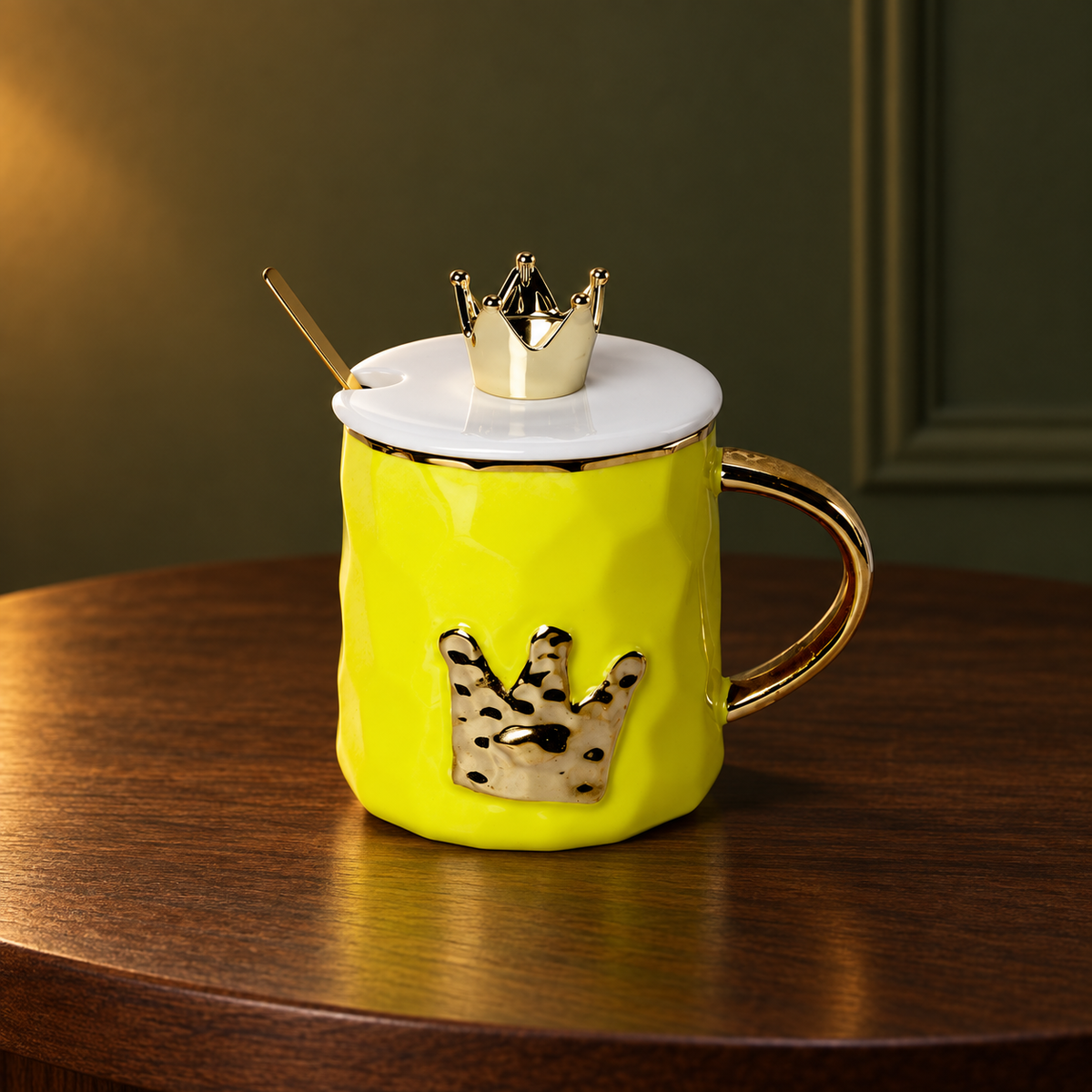 Izzhaar Royal Crown Yellow Ceramic Mug with Lid & Spoon