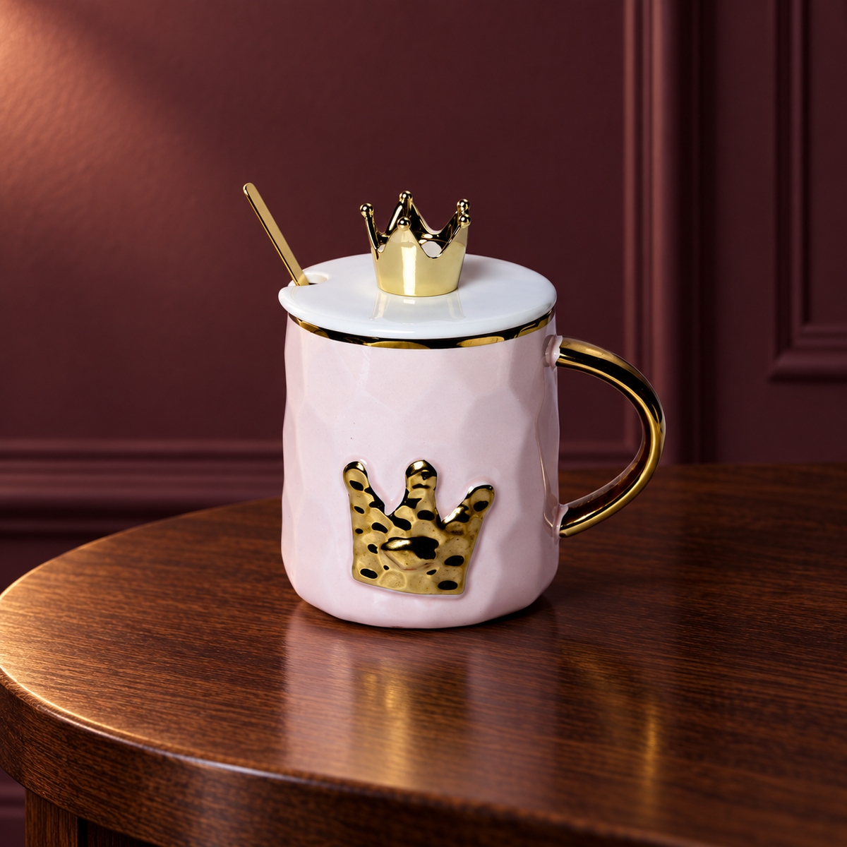 Izzhaar Royal Crown Purple Ceramic Mug with Lid & Spoon