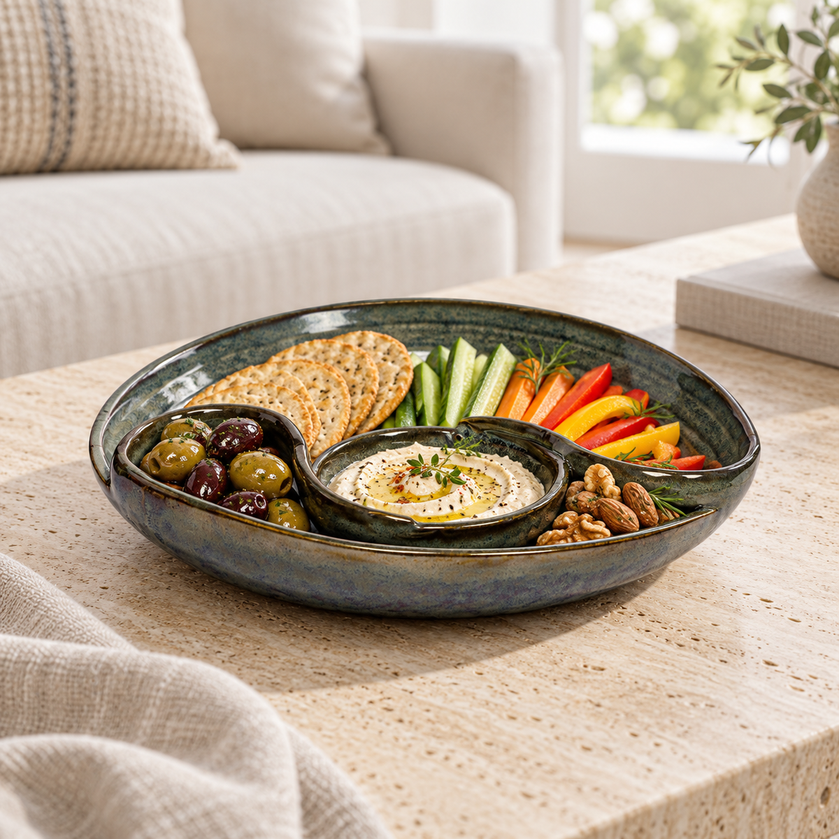 Izzhaar Olive Green Ceramic Plate with Attached Bowl