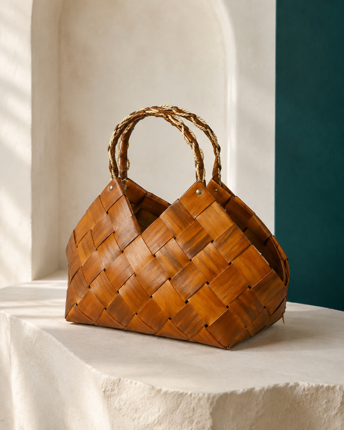 Izzhaar Handcrafted Wooden Tote Basket XL - Brown
