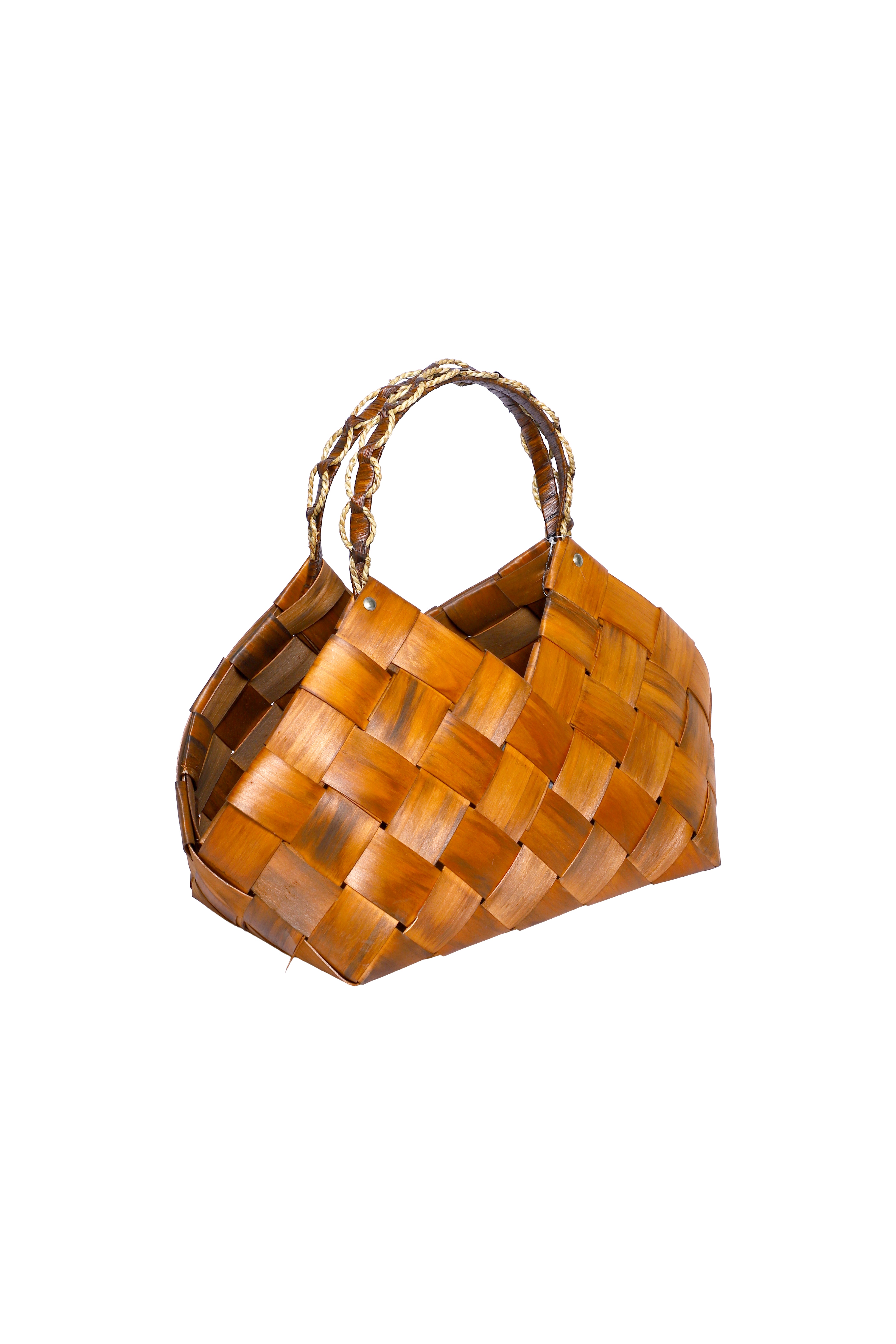 Izzhaar Handcrafted Wooden Tote Basket-XL/Brown/Handbag