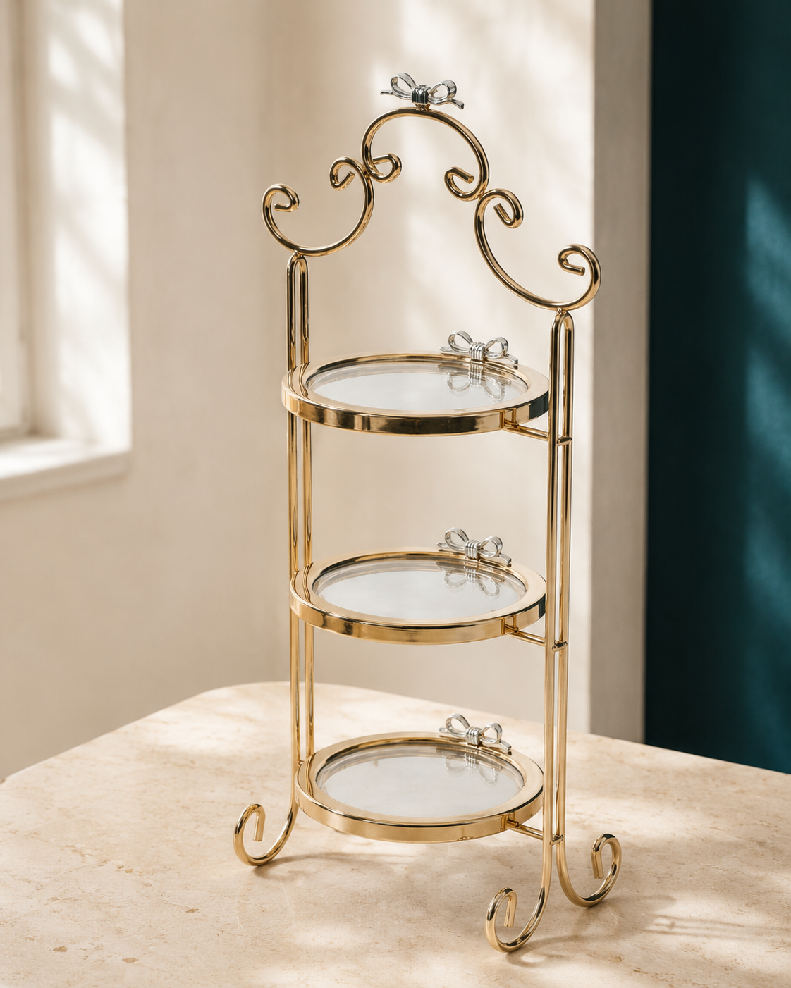 Izzhaar Royal Gold 3 Tier Cake Stand with Glass Plates