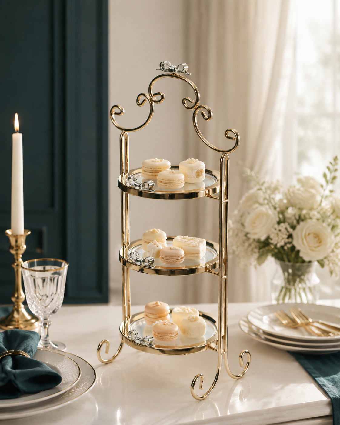 Izzhaar Royal Gold 3 Tier Cake Stand with Glass Plates