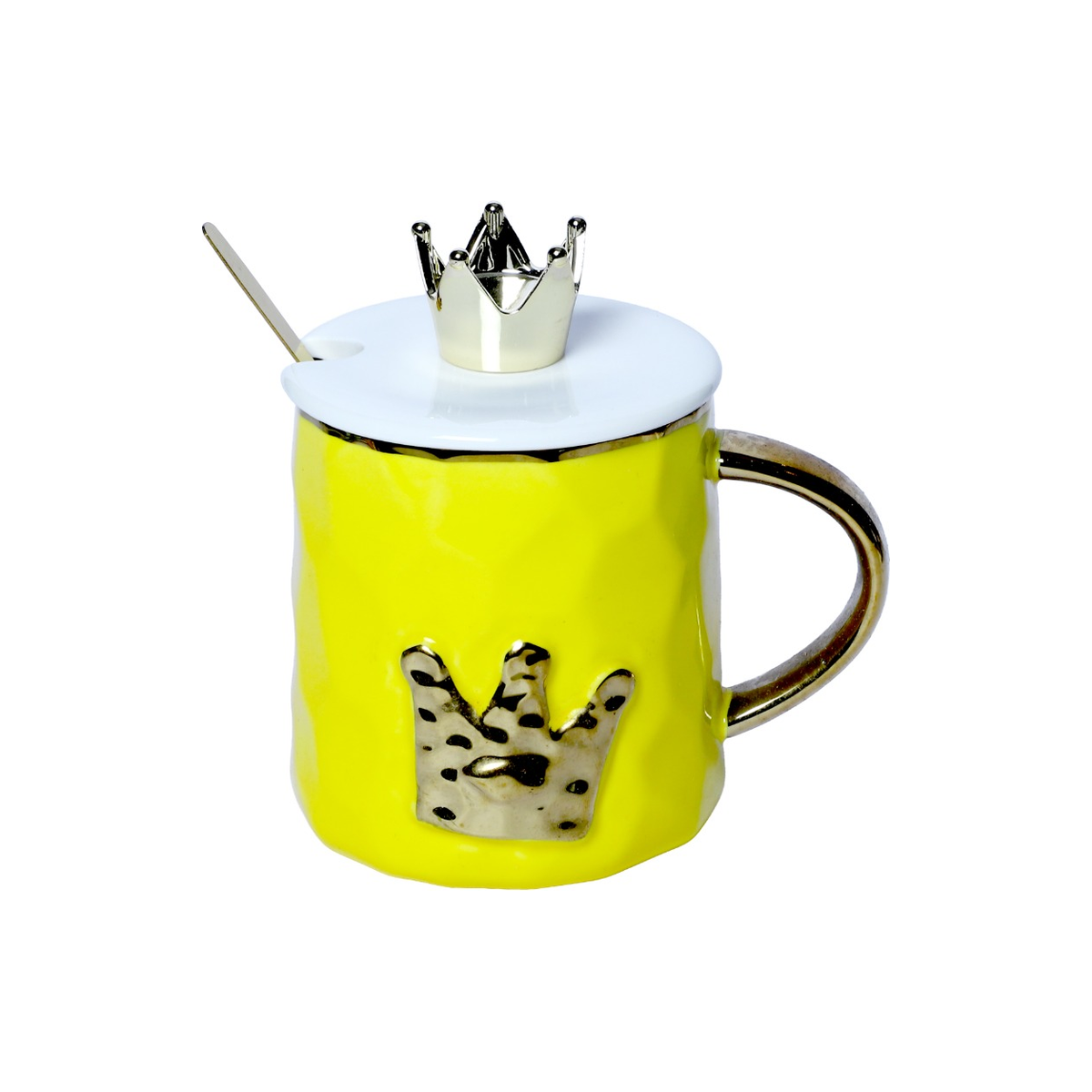 Izzhaar Royal Crown Yellow Ceramic Mug with Lid & Spoon