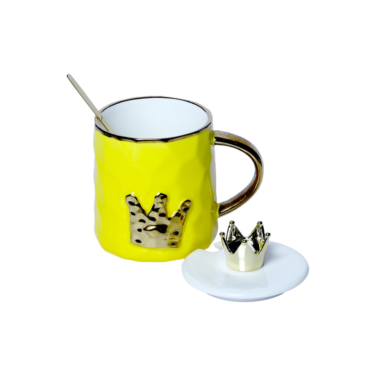 Izzhaar Royal Crown Yellow Ceramic Mug with Lid & Spoon