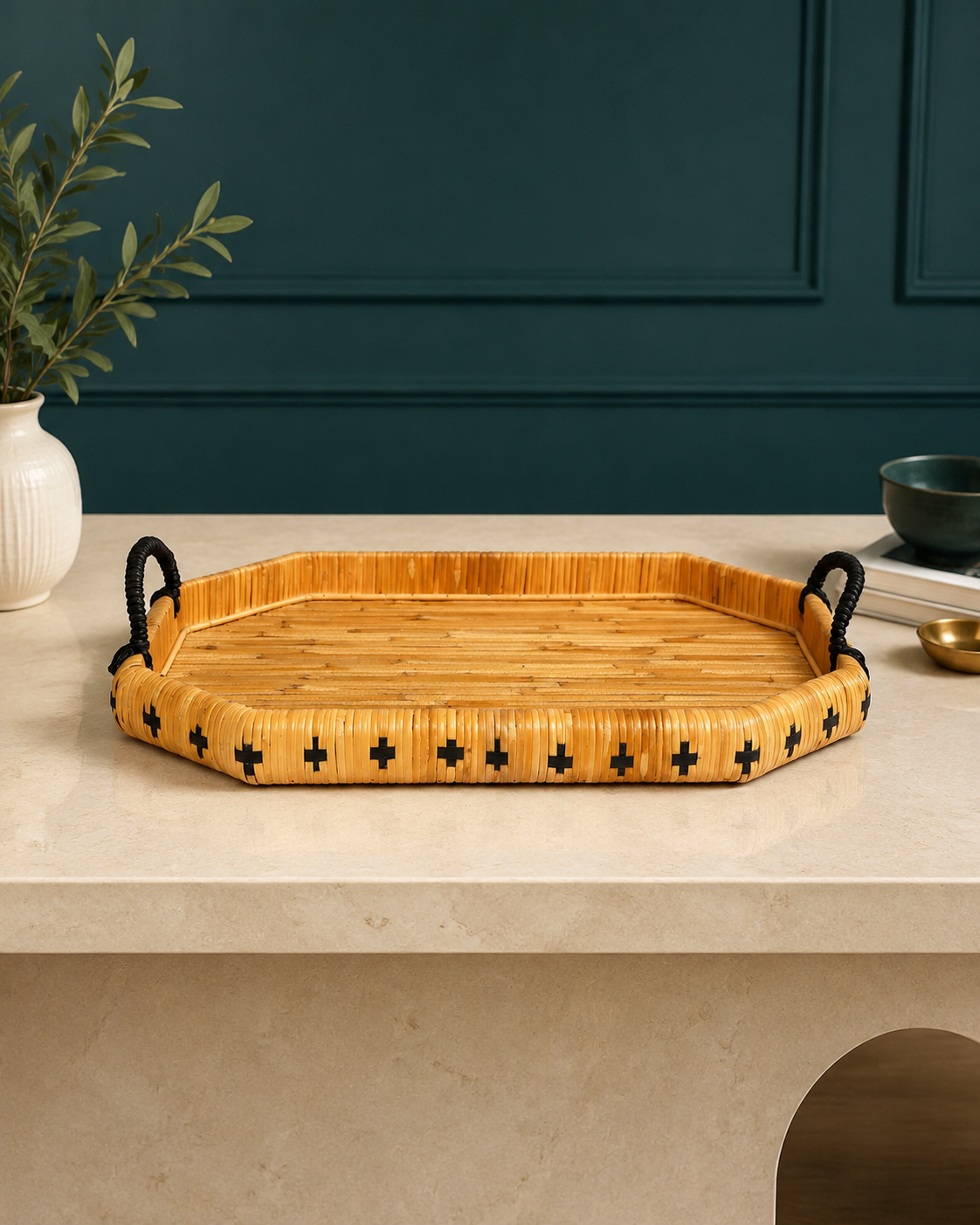 Izzhaar Wooden Tray with Metal Handle - Oval