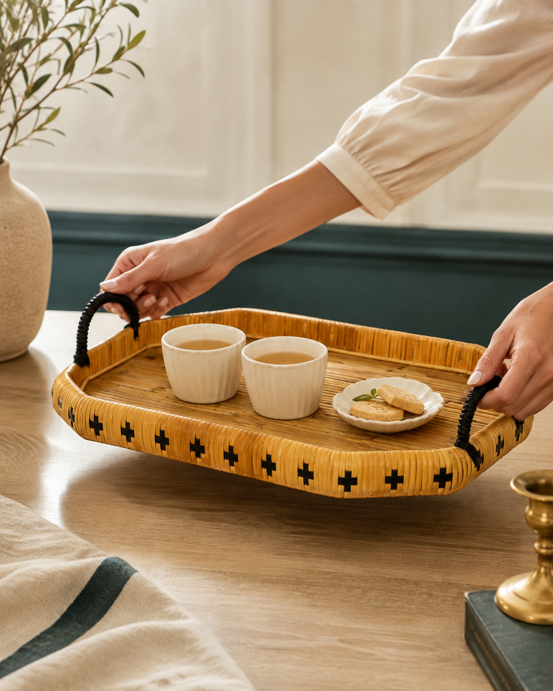 Izzhaar Wooden Tray with Metal Handle - Oval