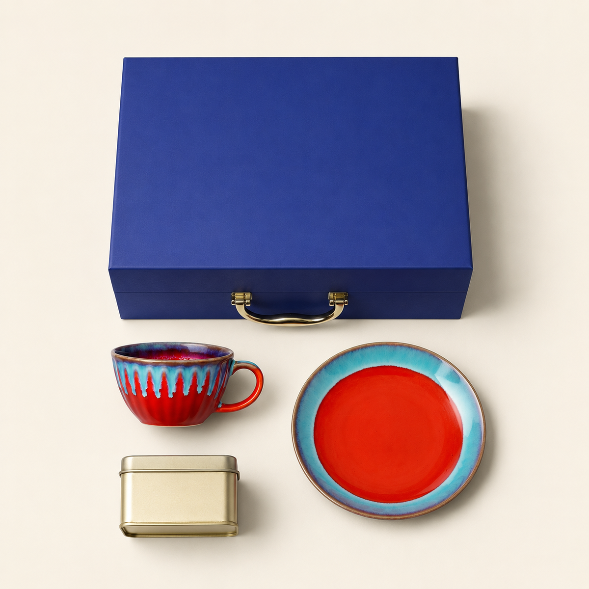 Izzhaar Ceramic Red & Blue Tea Set with Plate, Cup & Box