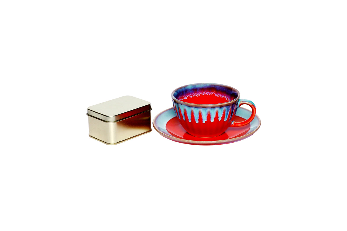 Izzhaar Ceramic Red & Blue Tea Set with Plate, Cup & Box