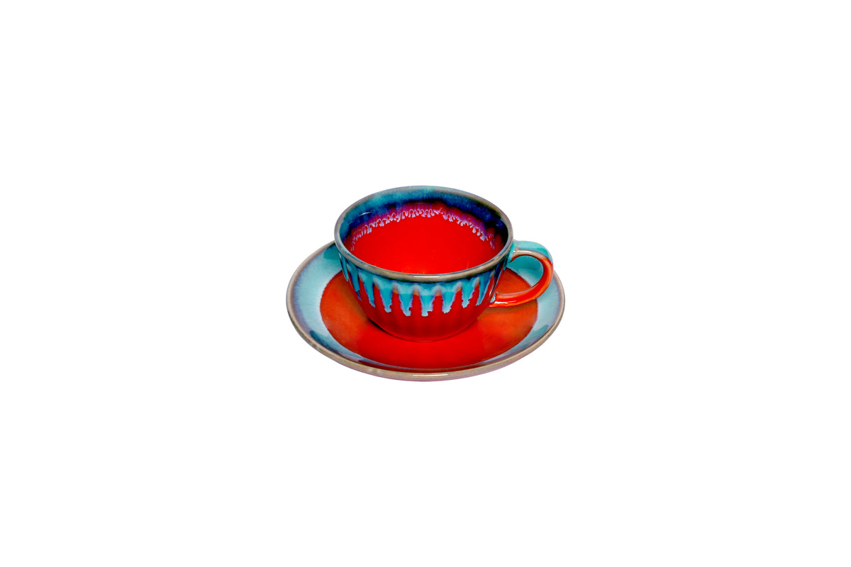 Izzhaar Ceramic Red & Blue Tea Set with Plate, Cup & Box
