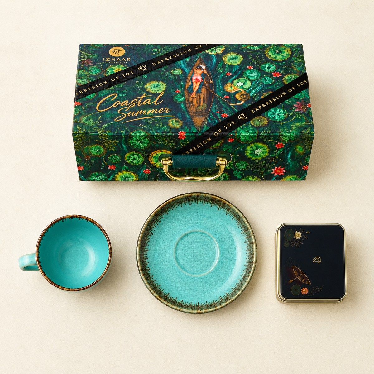 Izzhaar Coastal Summer Tea & Snack Hamper Premium Tea Tin with Ceramic Cup & Saucer Gift Set