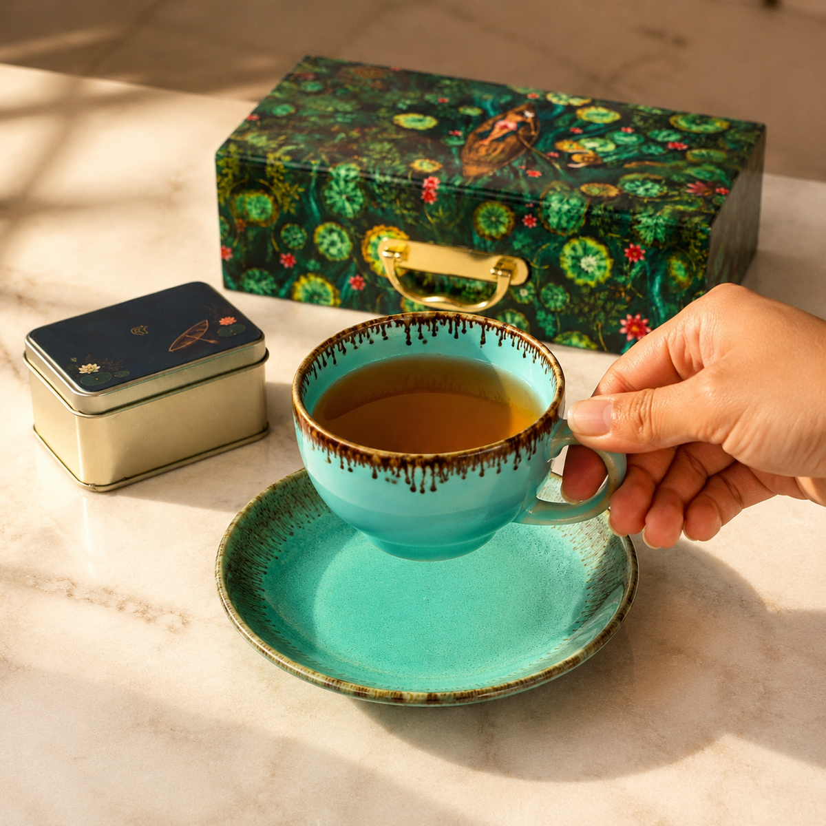 Izzhaar Coastal Summer Tea & Snack Hamper Premium Tea Tin with Ceramic Cup & Saucer Gift Set