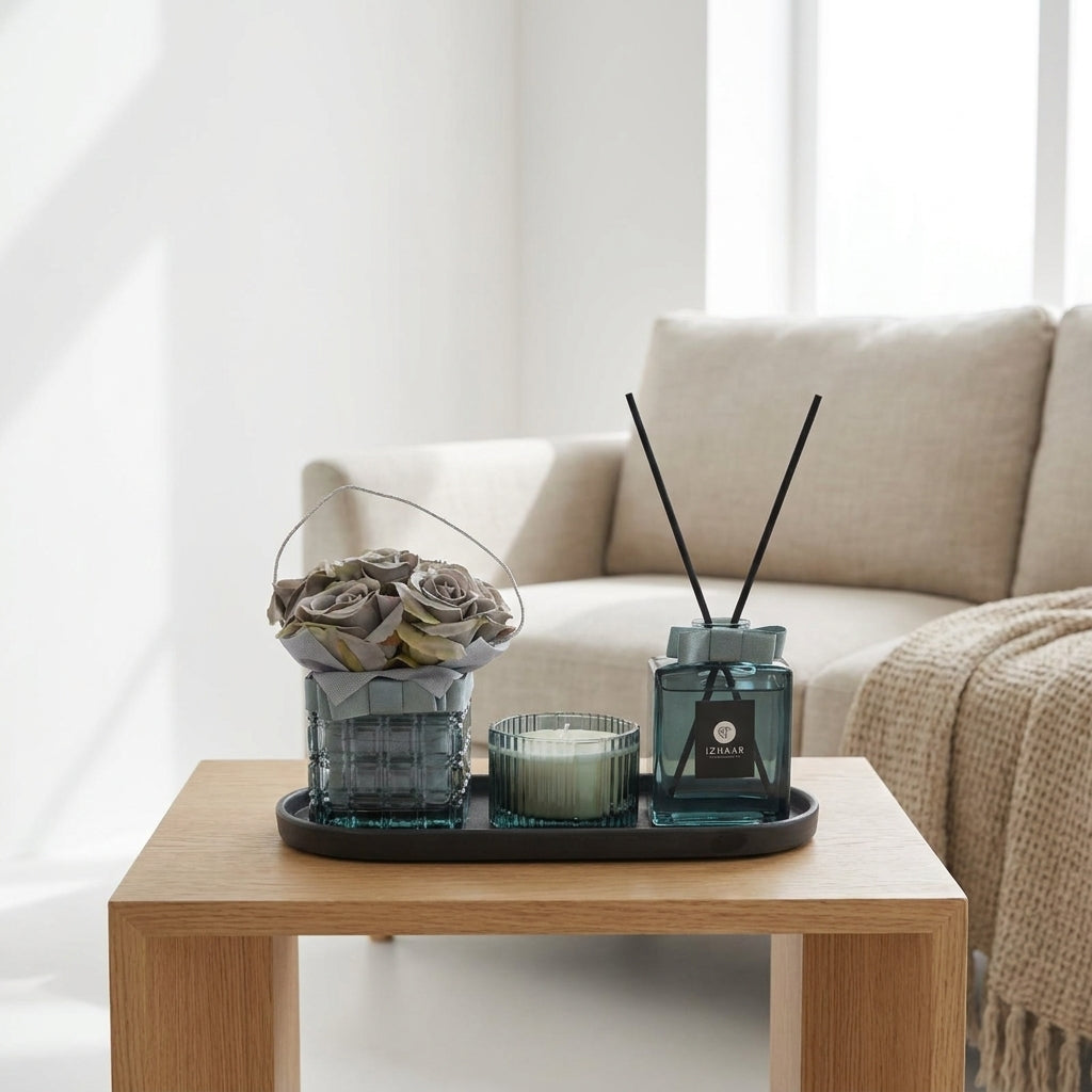 Luxury Home Fragrance Gift Set – Reed Diffuser, Scented Candle & Floral Arrangement Tray.
