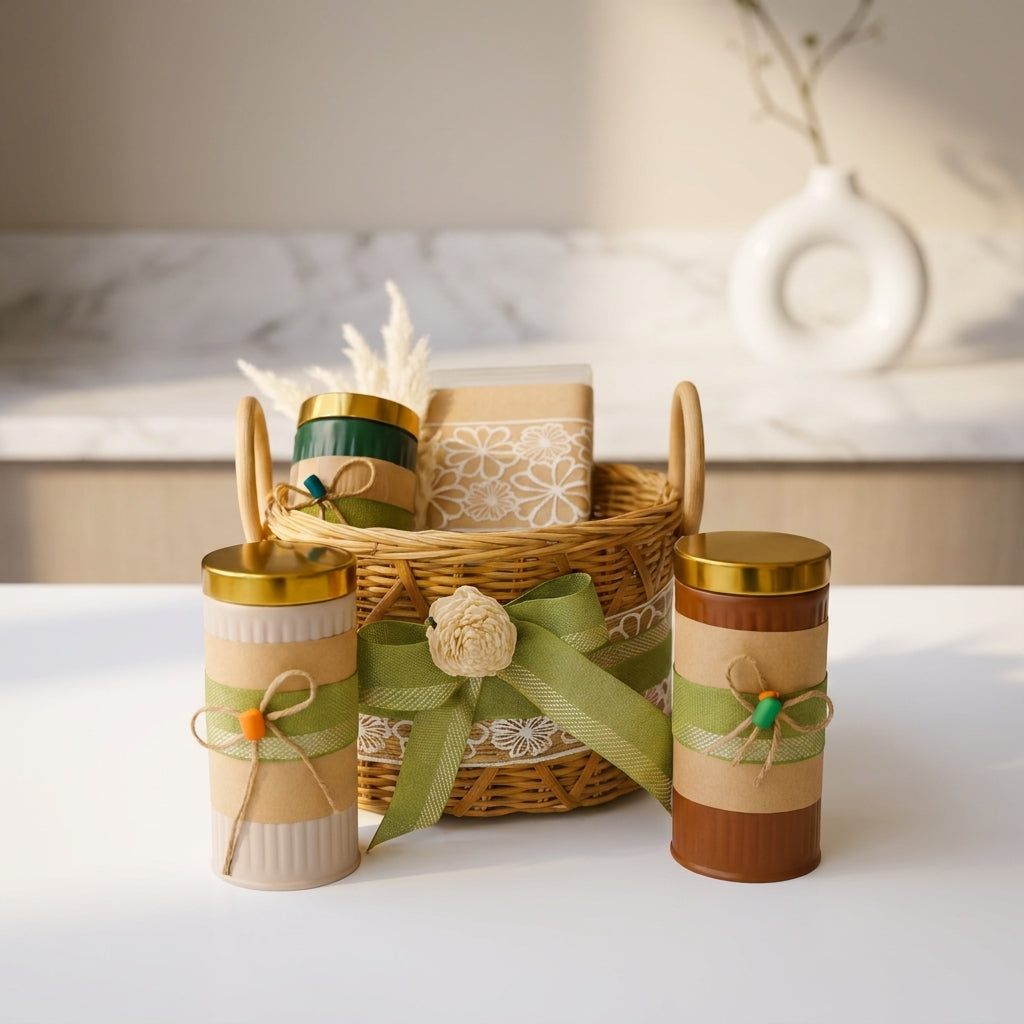 Izzhaar Decorative Storage Jar Set with Basket – Handmade Gift Hamper & Organizer.
