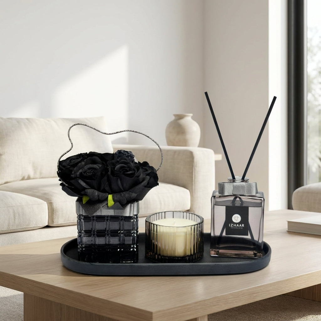 Luxury Home Fragrance Gift Set – Reed Diffuser, Scented Candle & Floral Arrangement Tray.