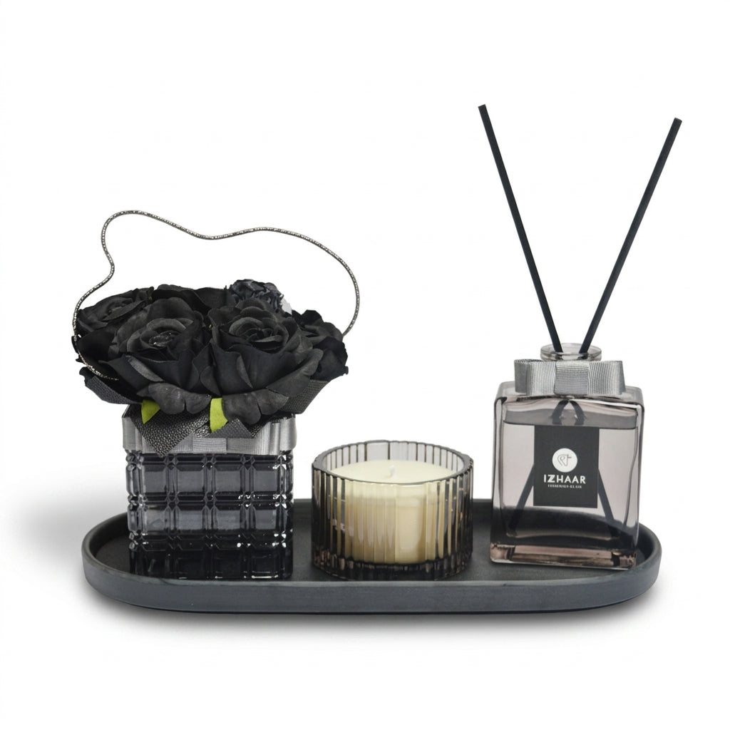 Luxury Home Fragrance Gift Set – Reed Diffuser, Scented Candle & Floral Arrangement Tray.