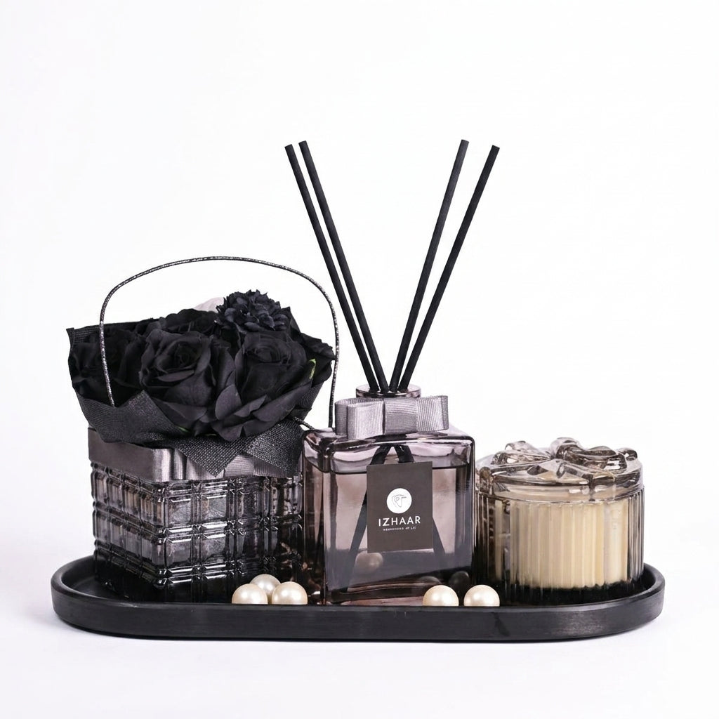 Luxury Home Fragrance Gift Set – Reed Diffuser, Scented Candle & Floral Arrangement Tray.