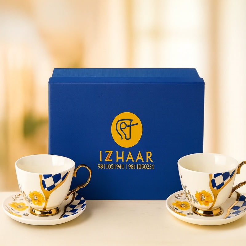 Izzhaar Premium Ceramic Tea Cup & Saucer Set (Set of 2) – Floral & Royal Blue Design