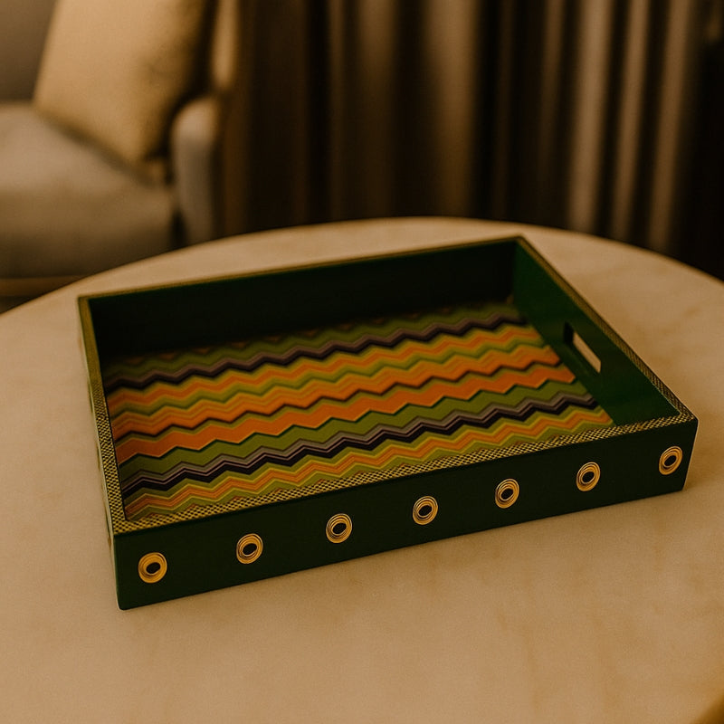 Izzhaar Vibrant Zig-Zag Pattern Decorative Serving Tray – Green Multi-Color Design