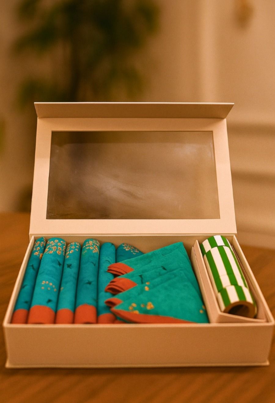 Luxury Teal & Coral Botanical Table Linen Gift Set.