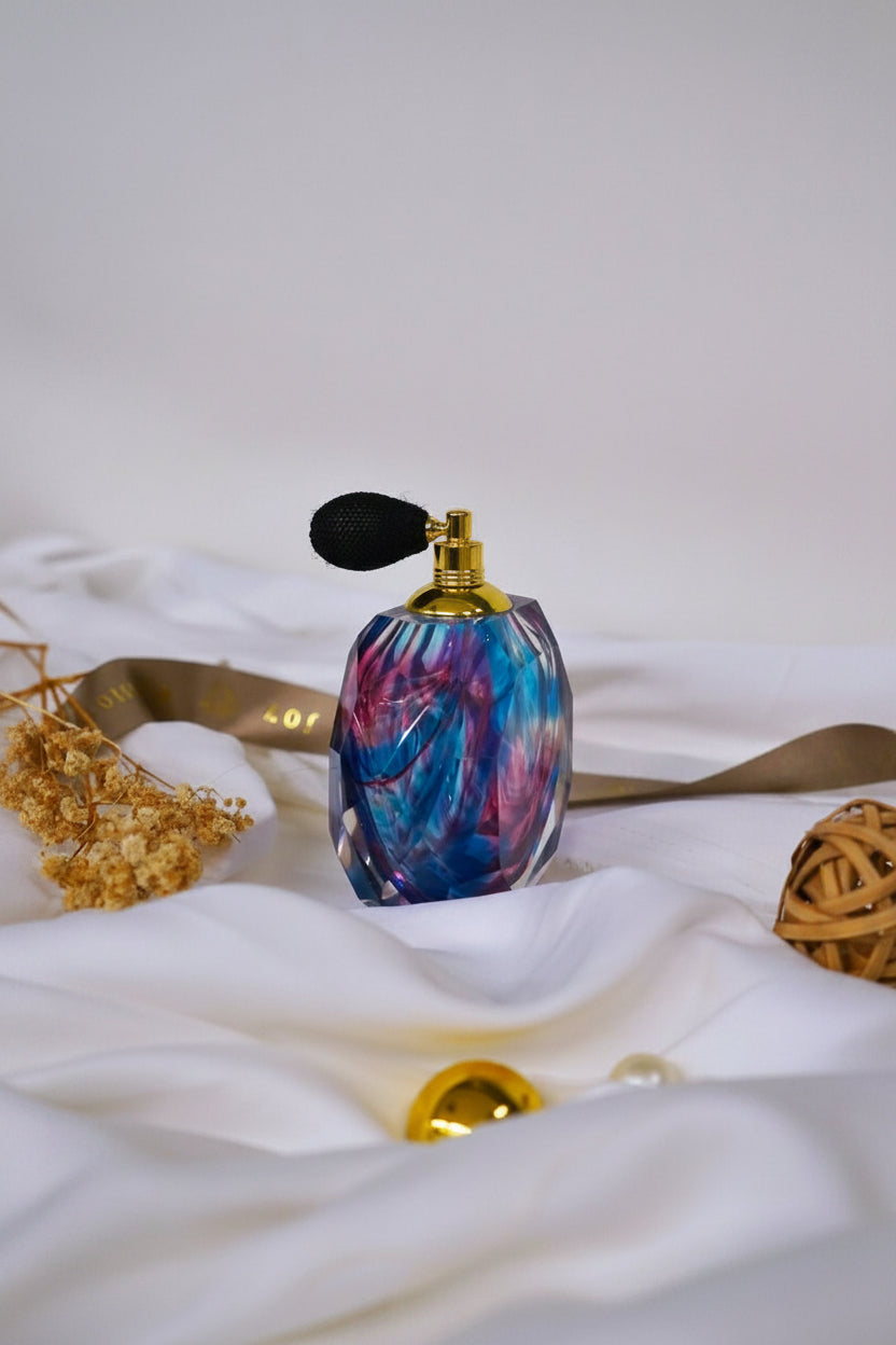Luxury Vintage Crystal Perfume Gift Set - Iridescent Attar Bottle with Atomizer Pump & Mini Oil Vials.