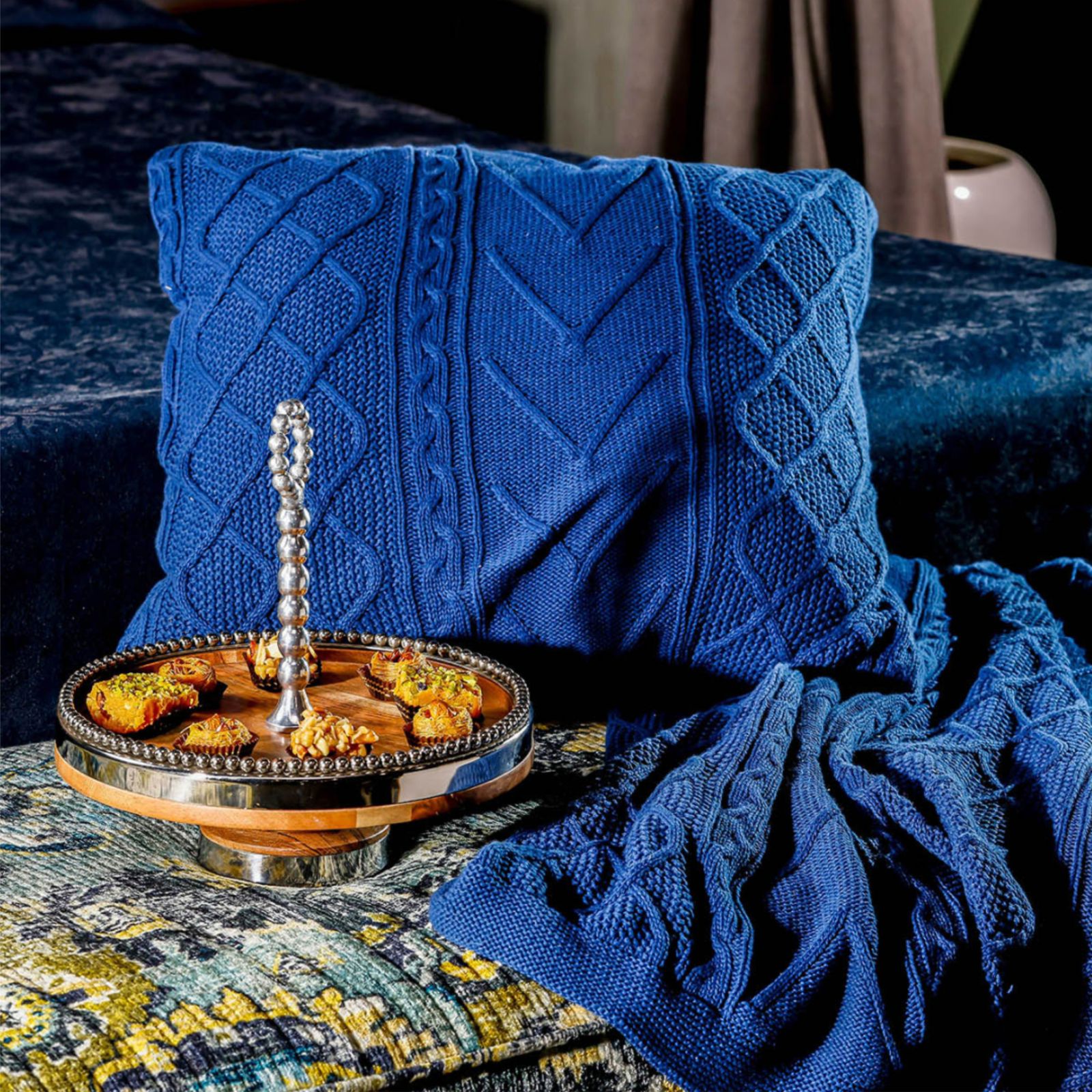 Classical Navy Melange Cotton Knitted Cushion Cover.