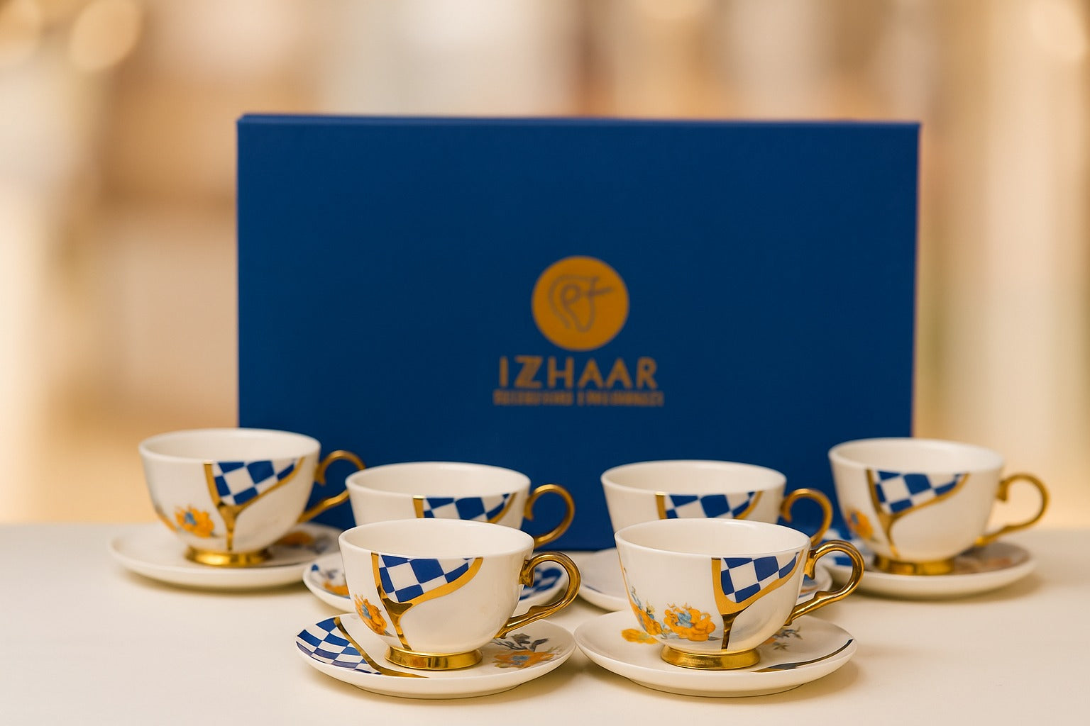 Izzhaar Premium Ceramic Tea Cup & Saucer Set (Set of 6) – Royal Blue & Gold Floral Design