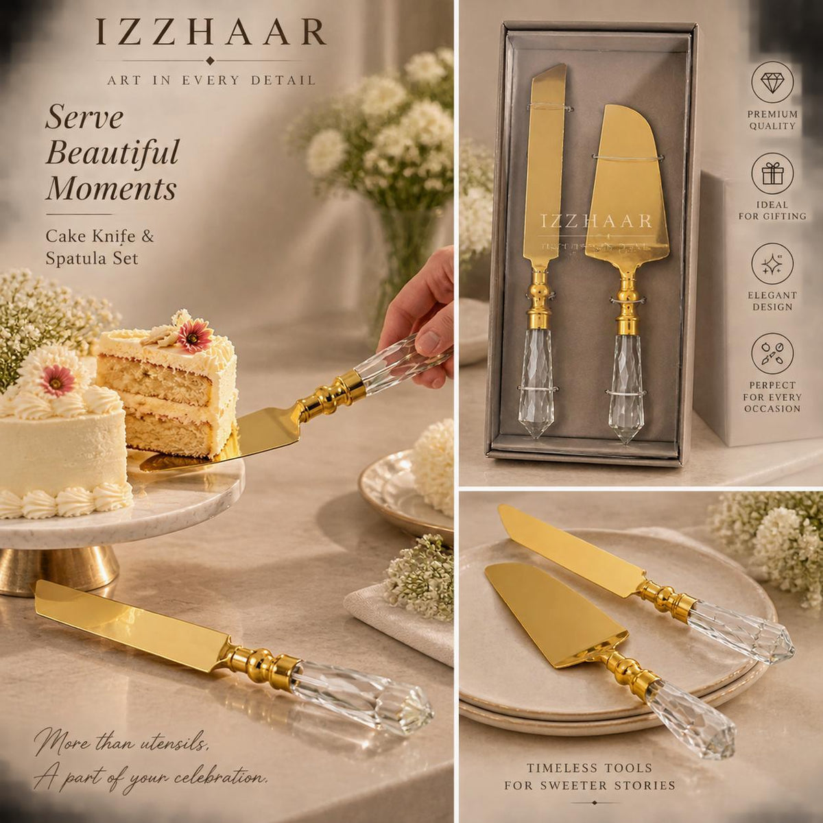 Izzhaar Gold Cake Cutting & Serving Set Of 2