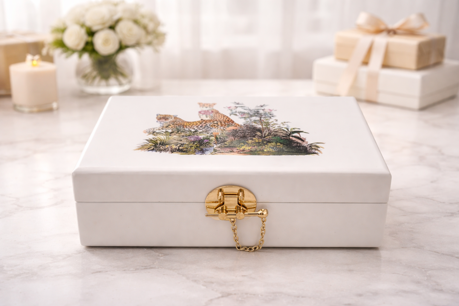 Izzhaar Designer Wedding Invite Box – White & Gold Edition