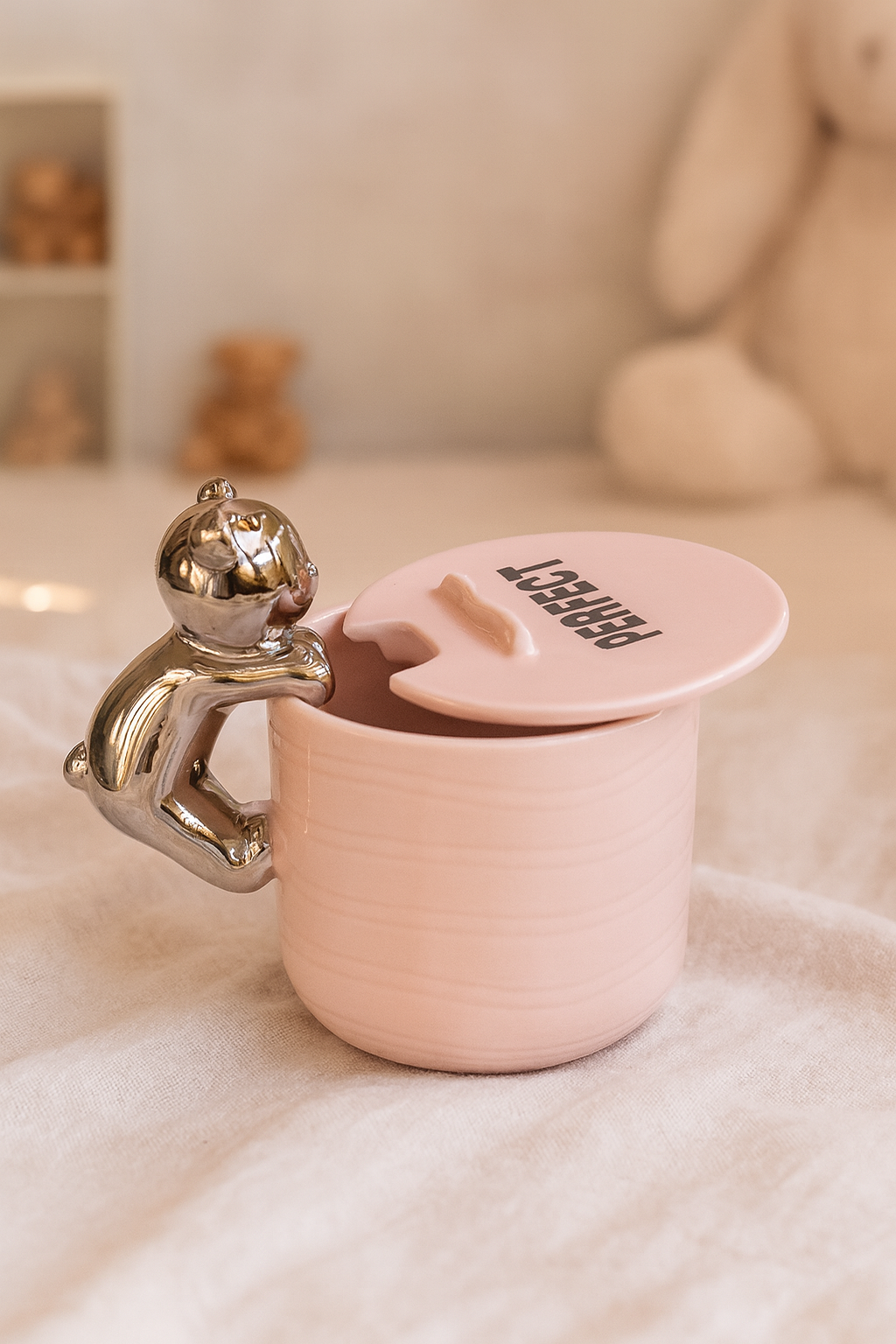 Izzhaar Cuddle Bear Blush Mug with Lid – “Perfect” Edition