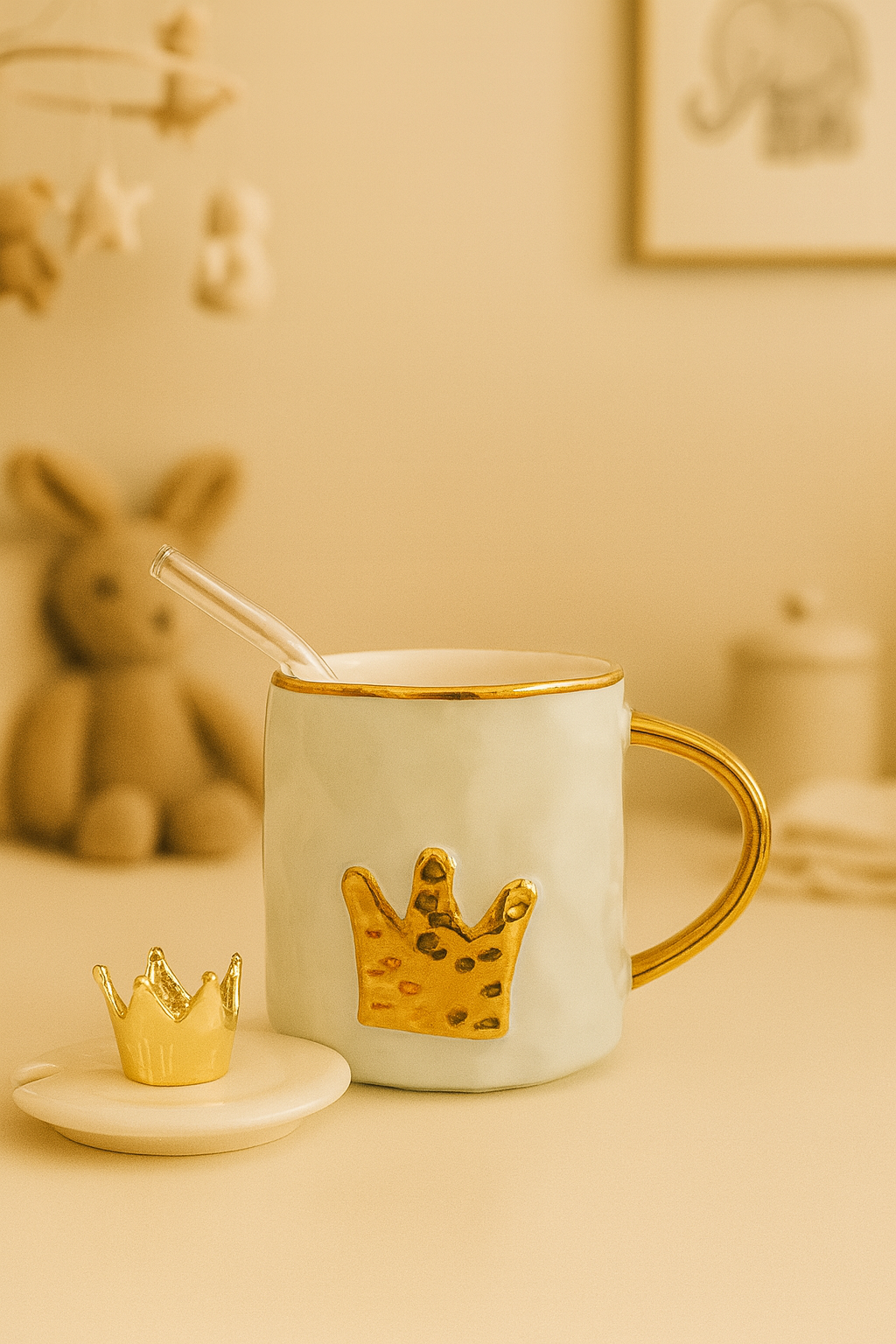 Izzhaar Royal Crown Luxe Mug with Lid & Straw – Gold Edition