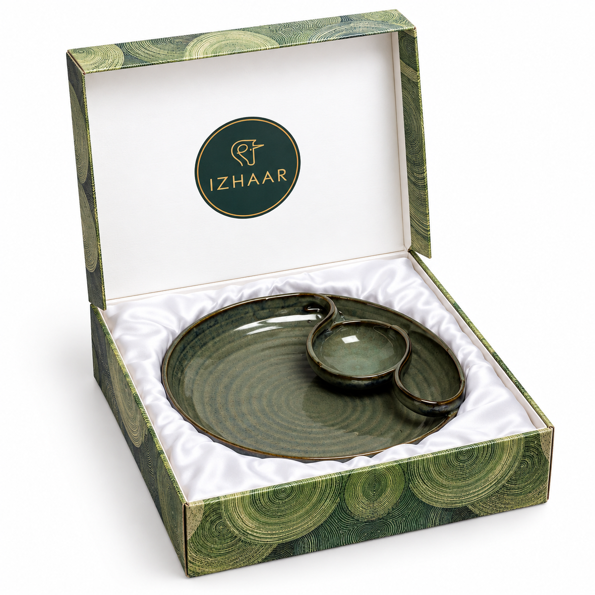 Izzhaar Olive Green Ceramic Plate with Attached Bowl