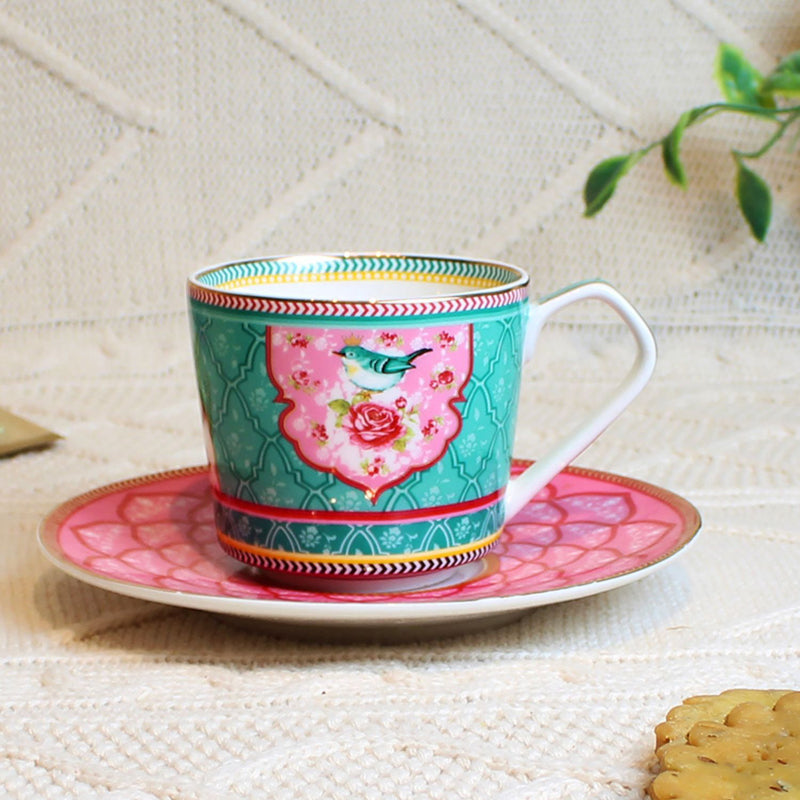 Izzhaar Signature Print Cup & Saucer (Pink & Green)