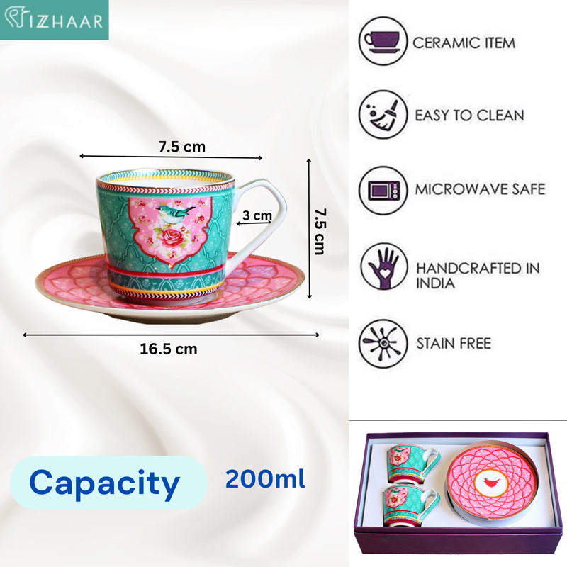 Izzhaar Signature Print Cup & Saucer (Pink & Green)