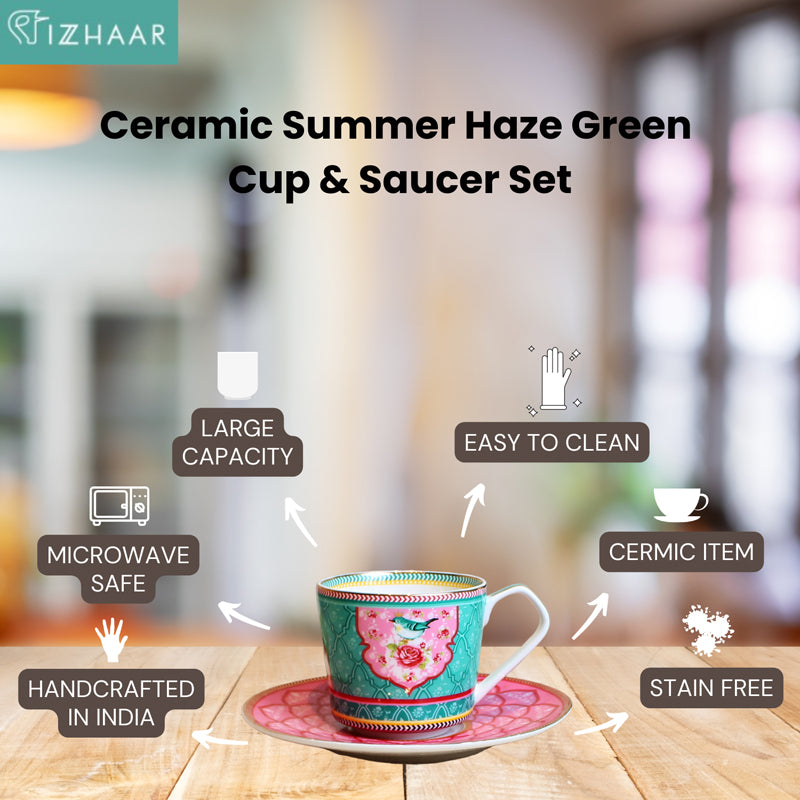 Izzhaar Signature Print Cup & Saucer (Pink & Green)