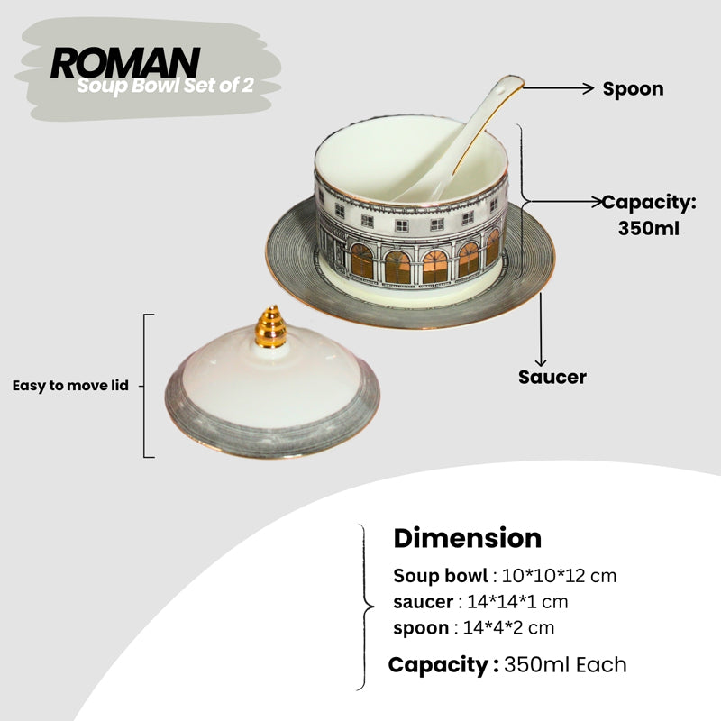 Roman Fine Bone China Soup Bowl & Saucer With Spoon Set Of 2