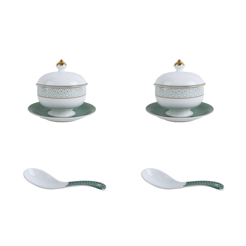 Set Of 2 Soup Bowl With Lid , Set Of 2 Saucer & Set Of 2 Soup Spoon