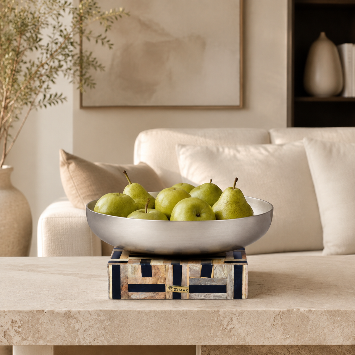 Izzhaar Silver Bowl with Wooden Base - Square