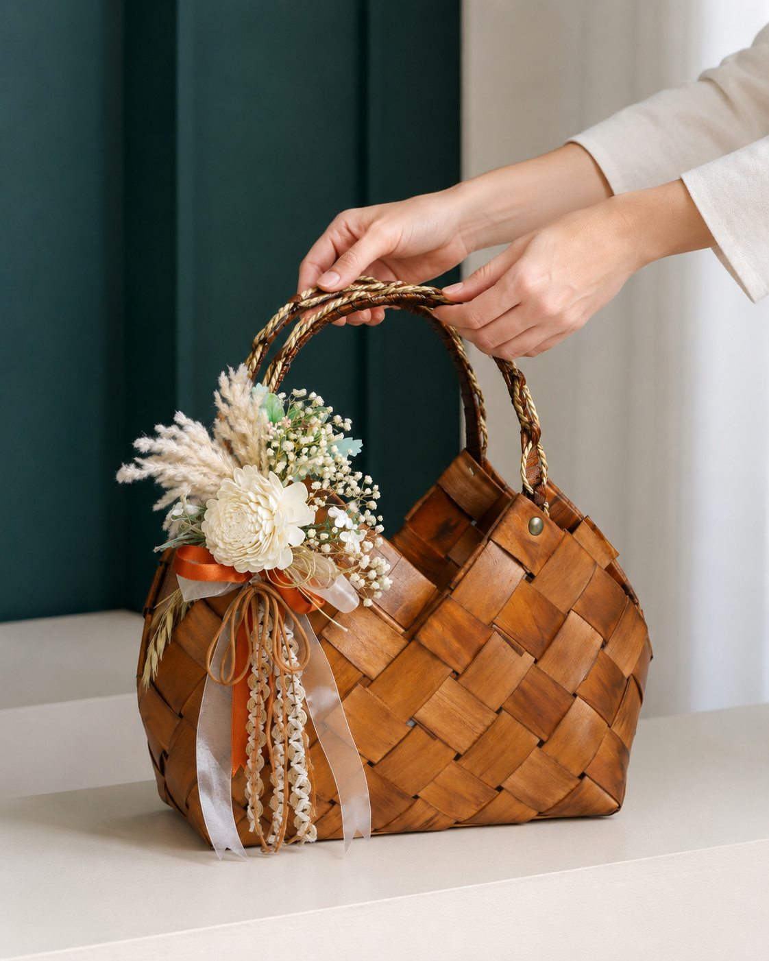 Izzhaar Handcrafted Wooden Tote Basket L - Brown