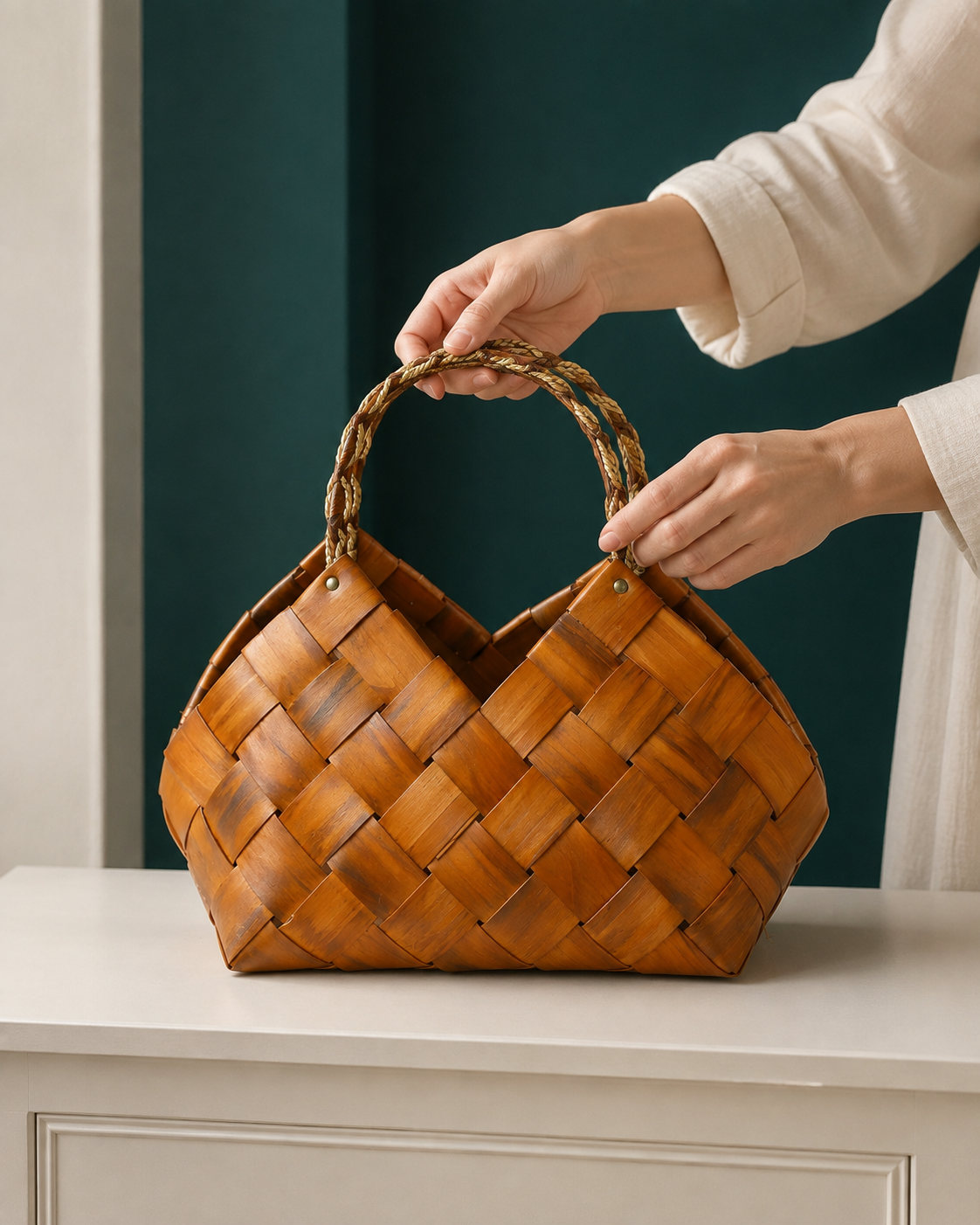 Izzhaar Handcrafted Wooden Tote Basket XL - Brown