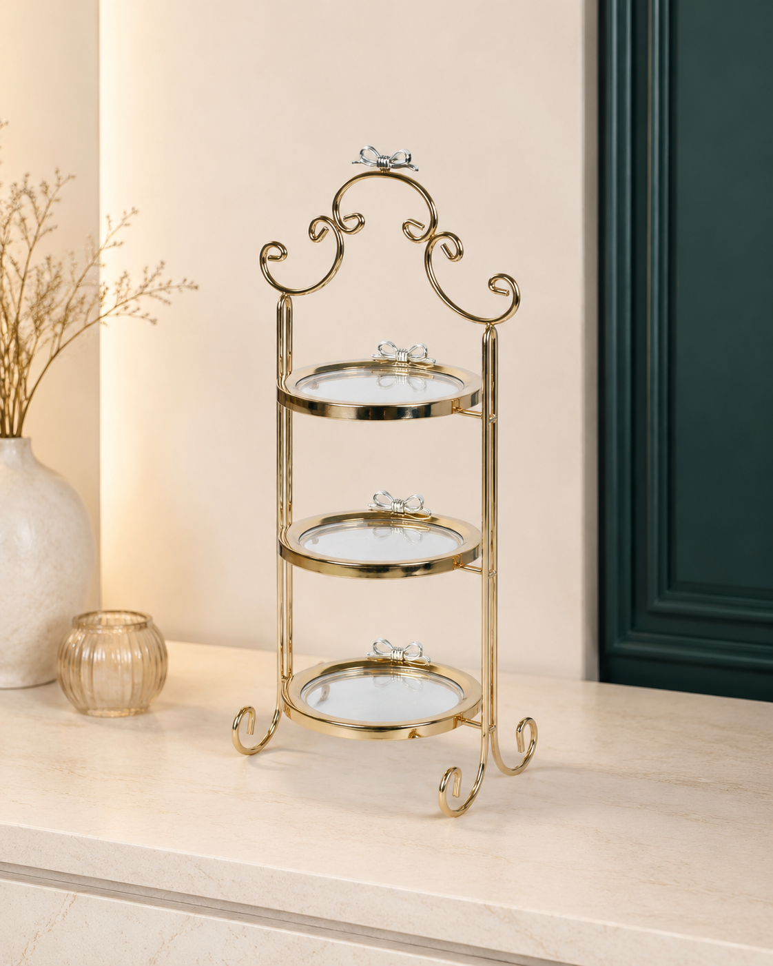 Izzhaar Royal Gold 3 Tier Cake Stand with Glass Plates