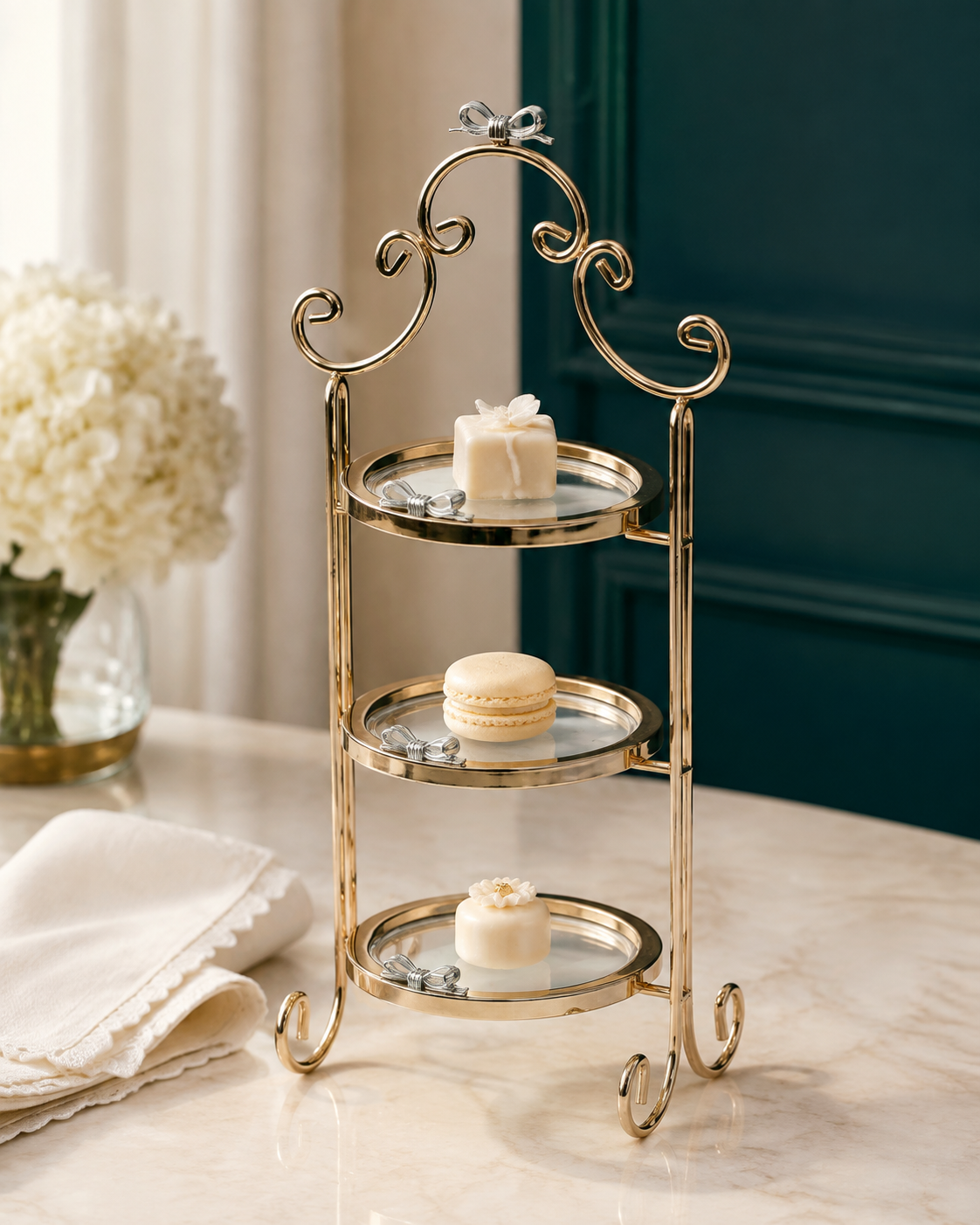 Izzhaar Royal Gold 3 Tier Cake Stand with Glass Plates