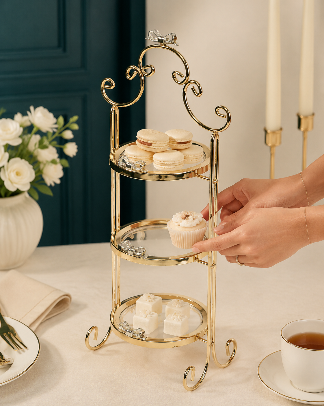 Izzhaar Royal Gold 3 Tier Cake Stand with Glass Plates