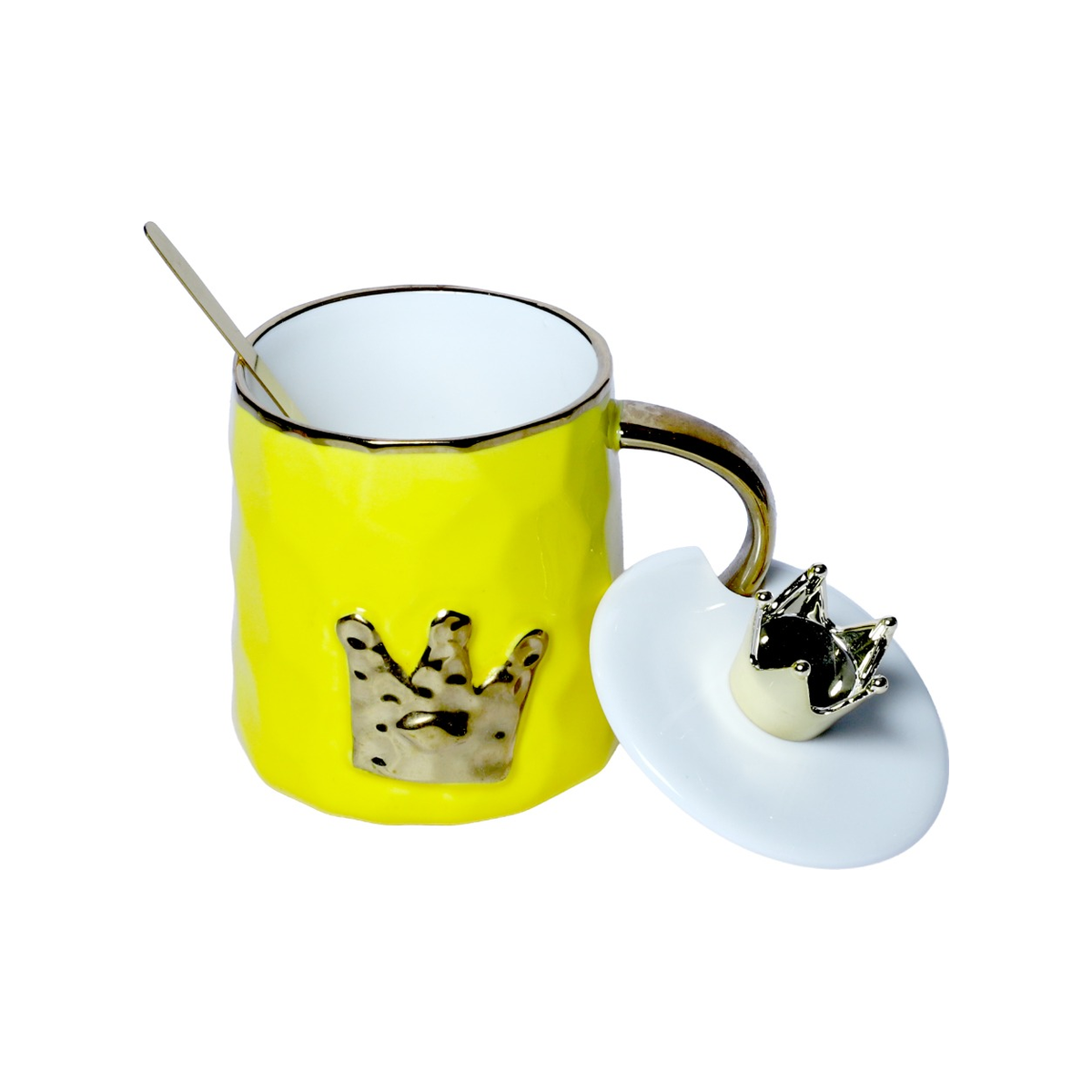 Izzhaar Royal Crown Yellow Ceramic Mug with Lid & Spoon